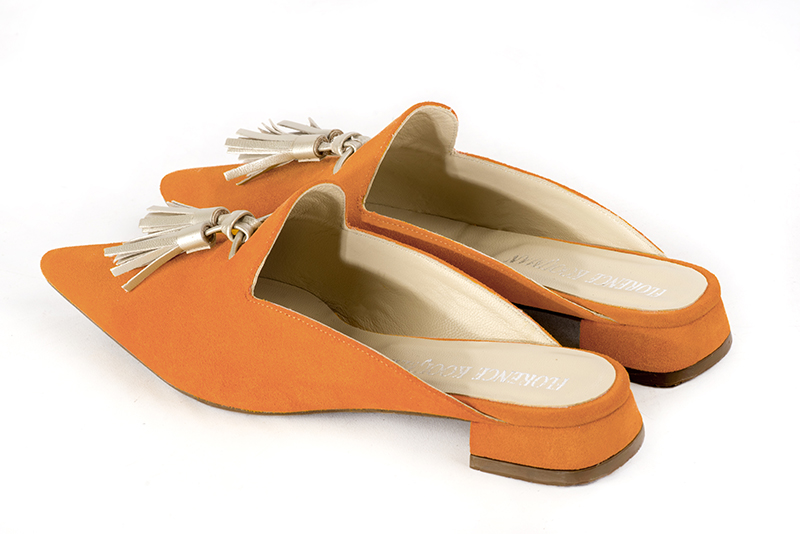 Apricot orange and gold women's loafer mules. Pointed toe. Flat flare heels. Rear view - Florence KOOIJMAN